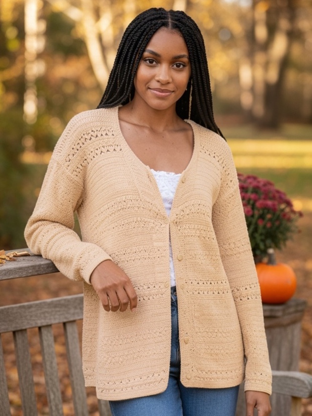 XXL Eddie Bauer Cream button front Crochet Cardigan Ramie Coastal Grannycore